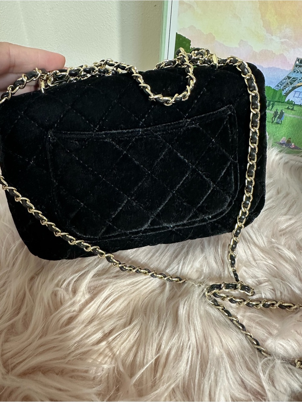 GWP Black Quilted Velvet Mini Shoulder Bag with Gold Chain and Charms